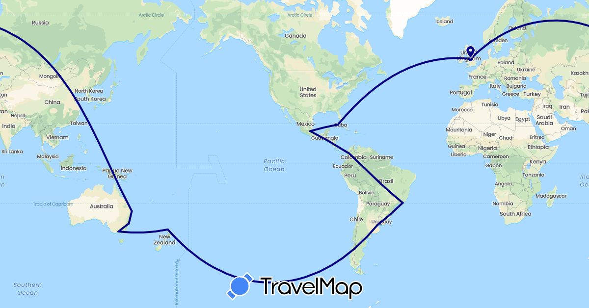 TravelMap itinerary: driving in Argentina, Australia, Brazil, Colombia, Cuba, United Kingdom, Mexico, New Zealand (Europe, North America, Oceania, South America)